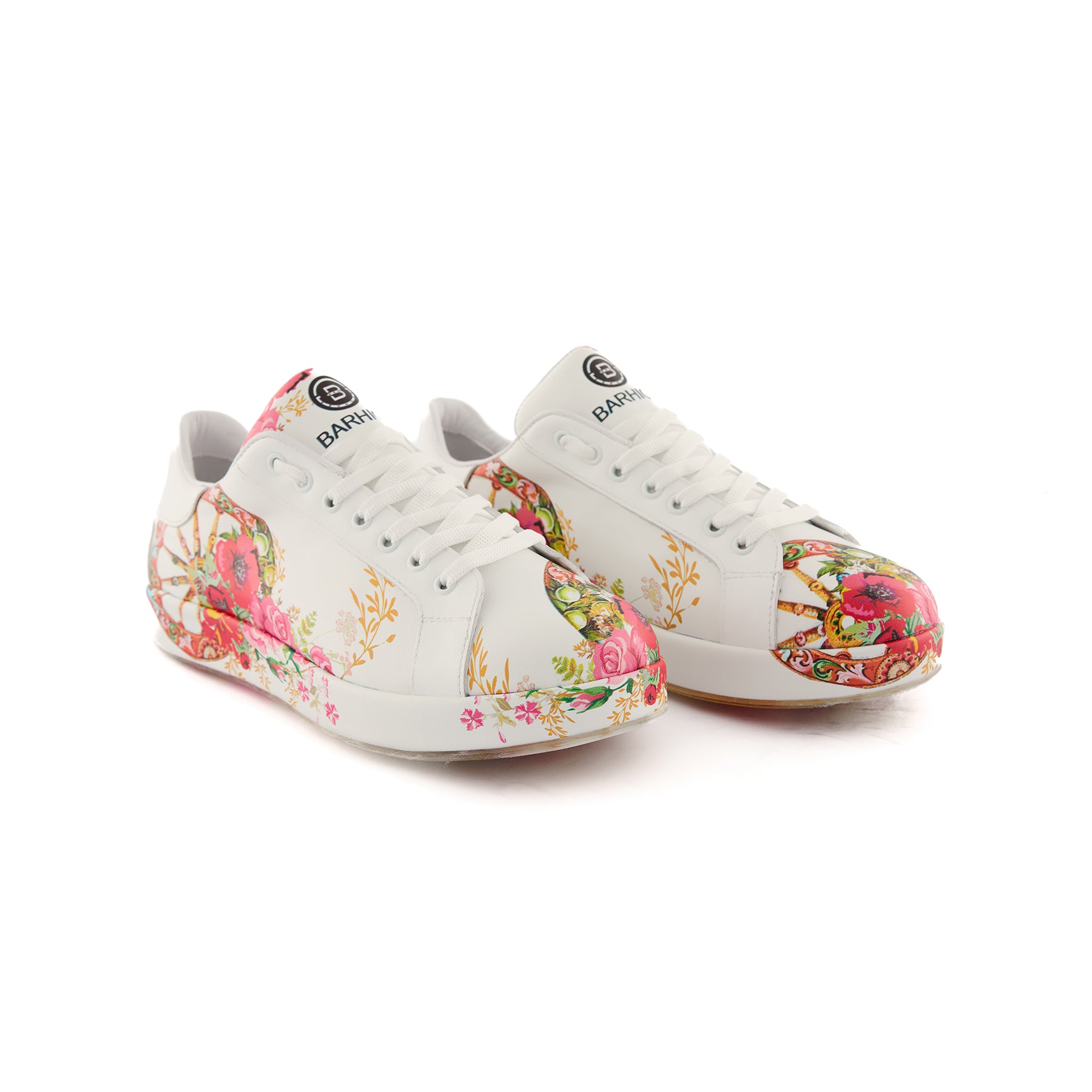 Women’s White Handmade Calf Leather Floral Painted Sneakers W5032