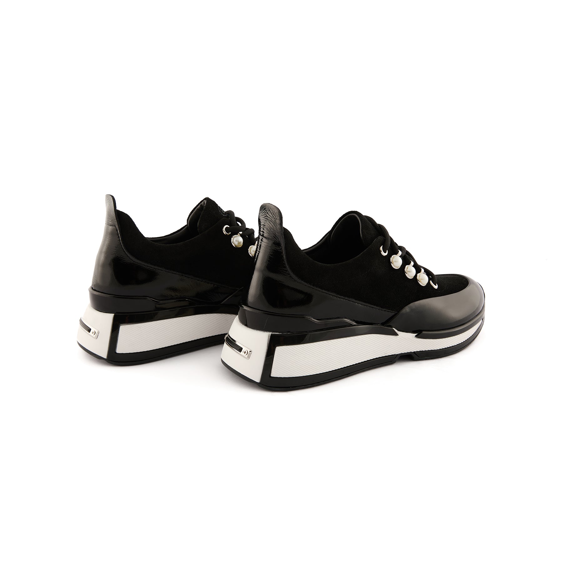 Women’s Black Patent Leather Pearl-Embellished Handmade Sneakers W5038