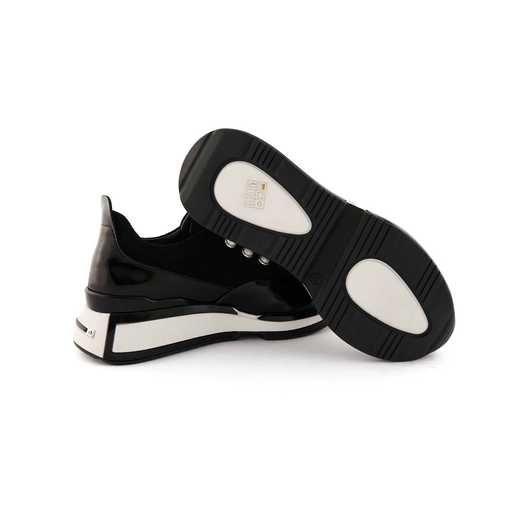 Women’s Black Patent Leather Pearl-Embellished Handmade Sneakers W5038