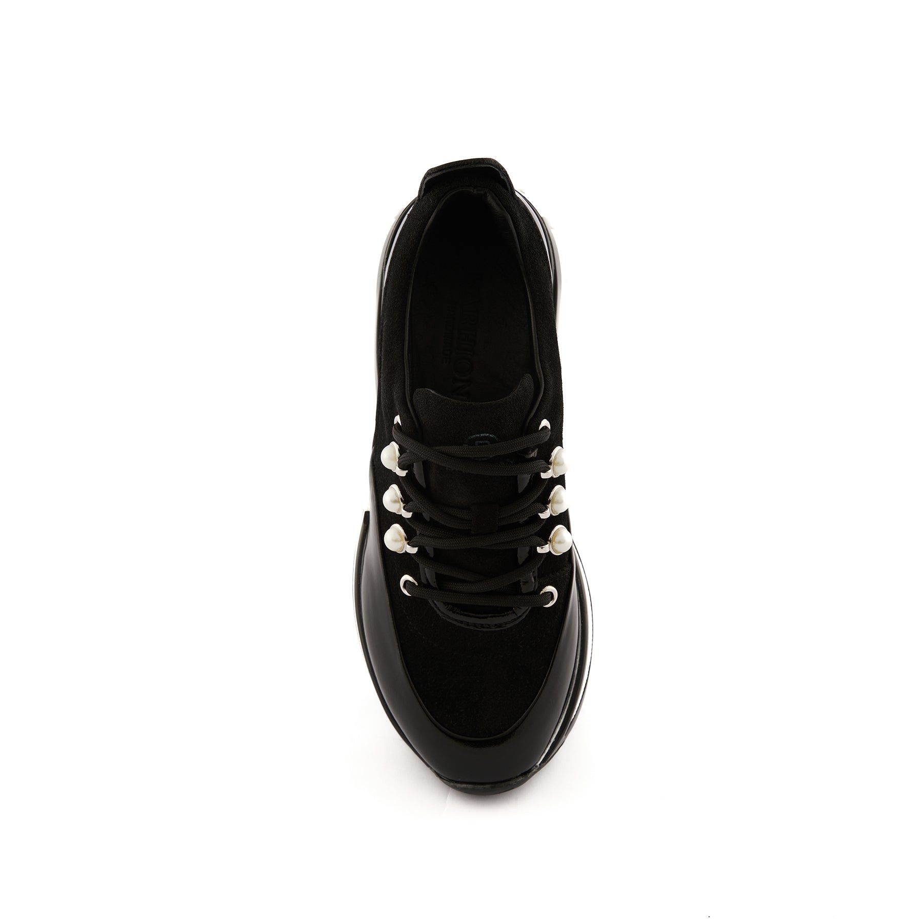 Women’s Black Patent Leather Pearl-Embellished Handmade Sneakers W5038