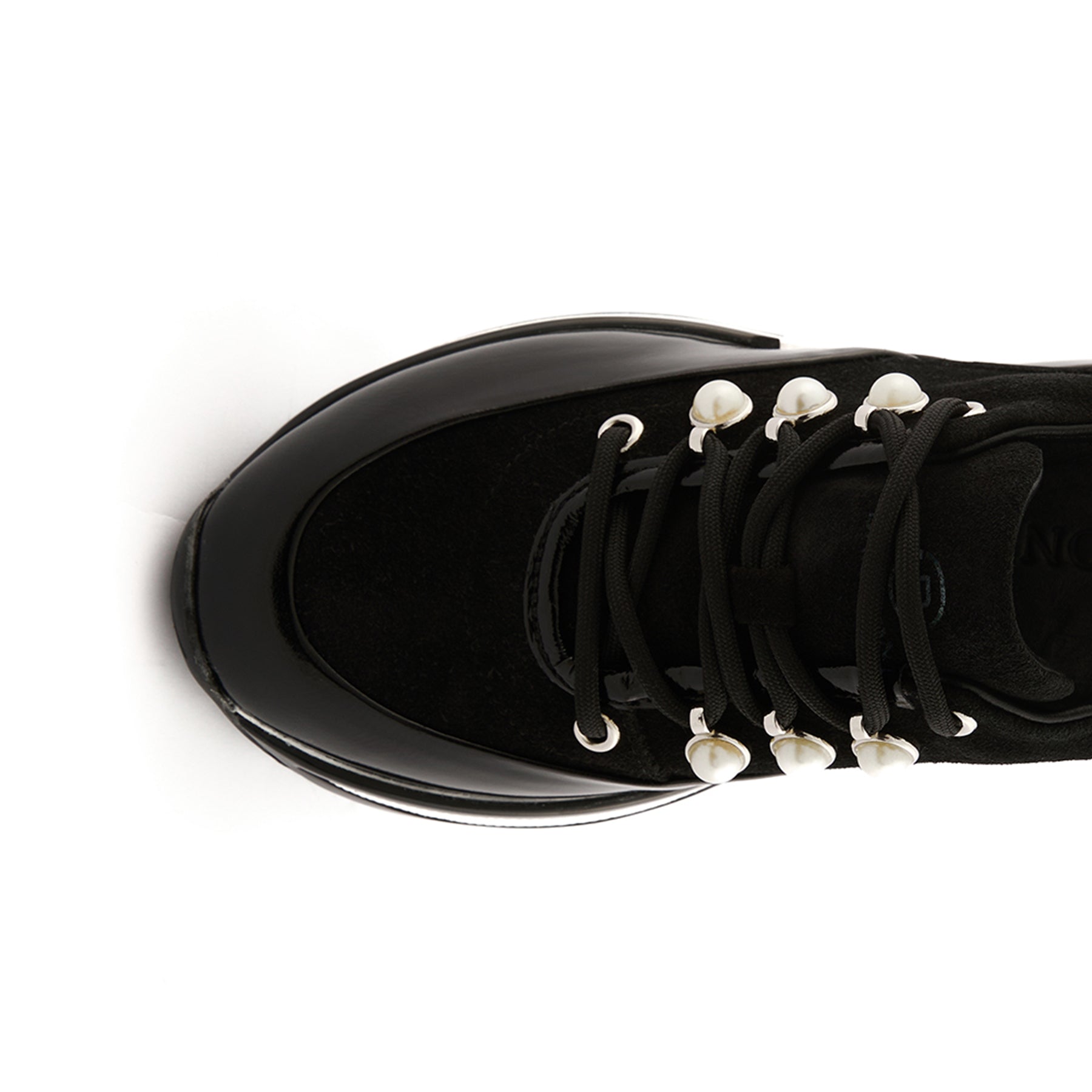Women’s Black Patent Leather Pearl-Embellished Handmade Sneakers W5038