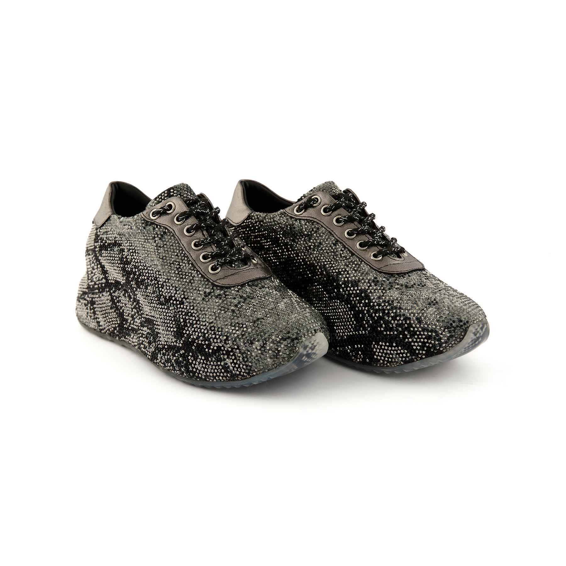 Women's Grey Crystal Embellished Calf Leather Handmade Sneakers W5031