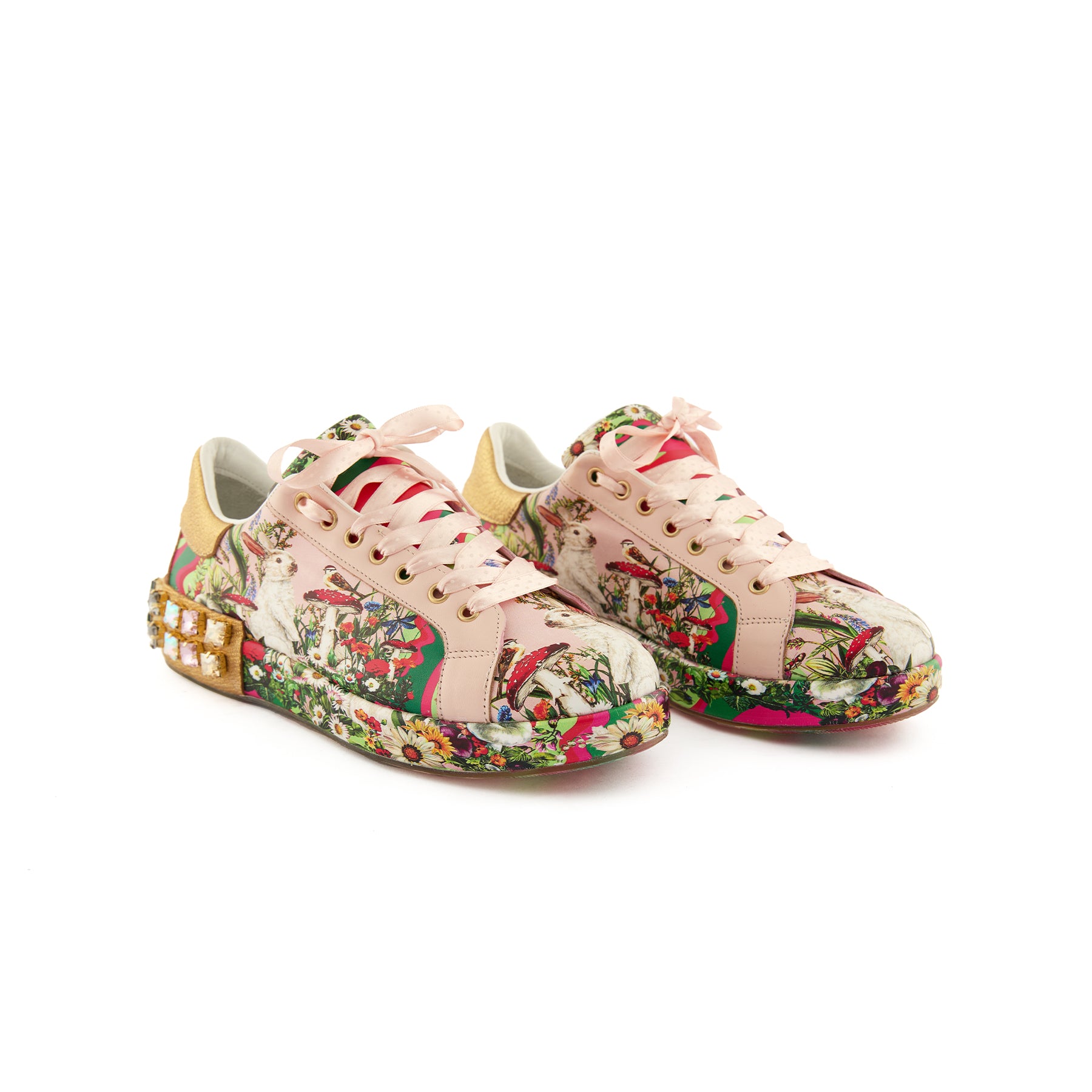 Women's Pink Calf Leather Handmade Sneakers W5024