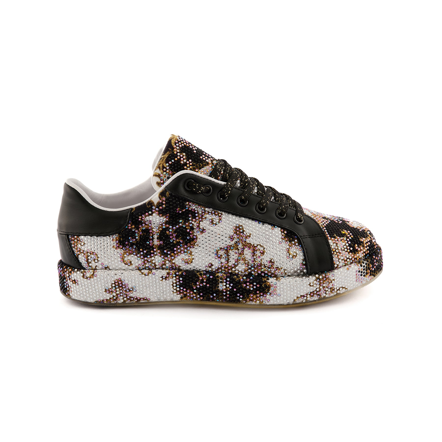 Women's Multicolor Crystal Embellished Calf Leather Handmade Sneakers W5029