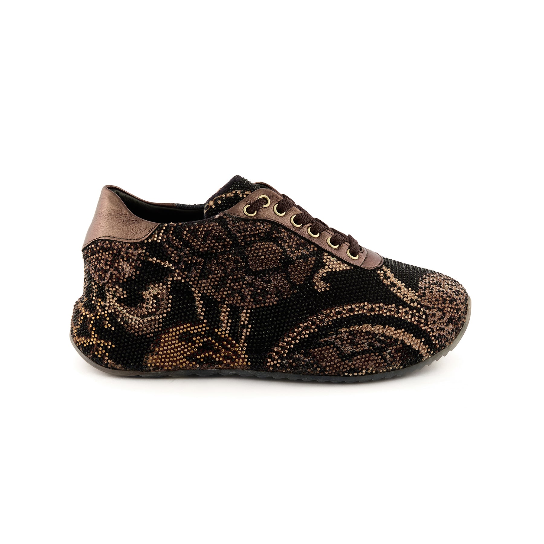 Women's Bronze Crystal Embellished Calf Leather Handmade Sneakers W5030