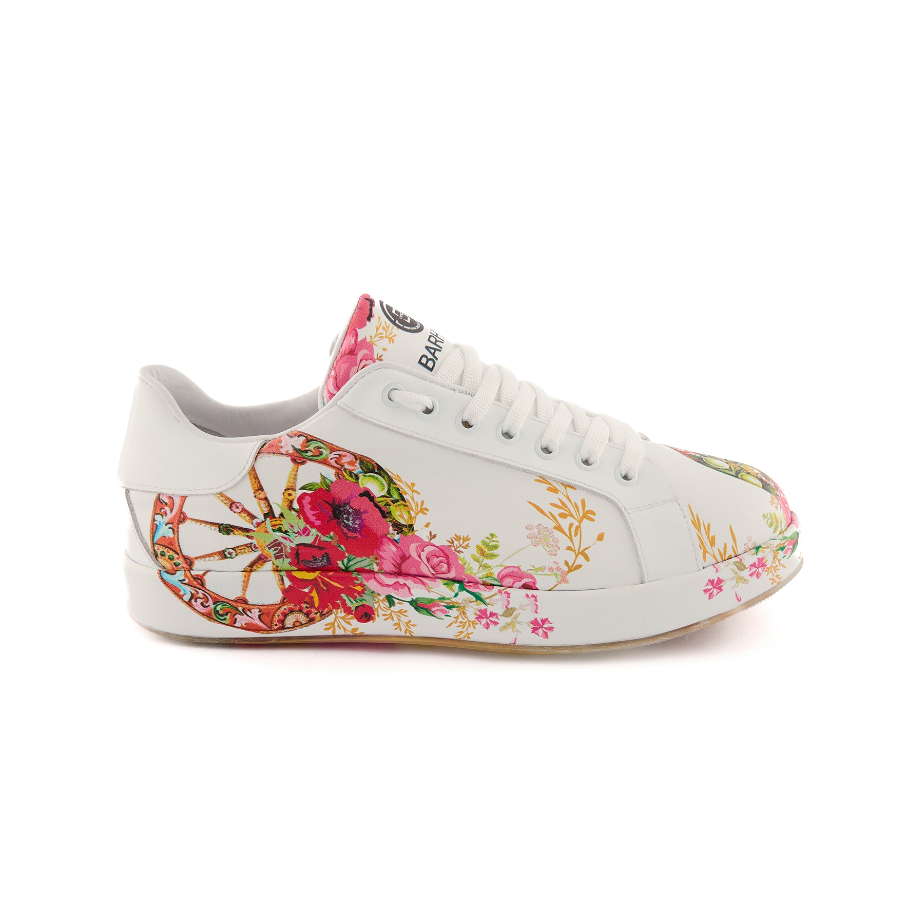 Women’s White Handmade Calf Leather Floral Painted Sneakers W5032