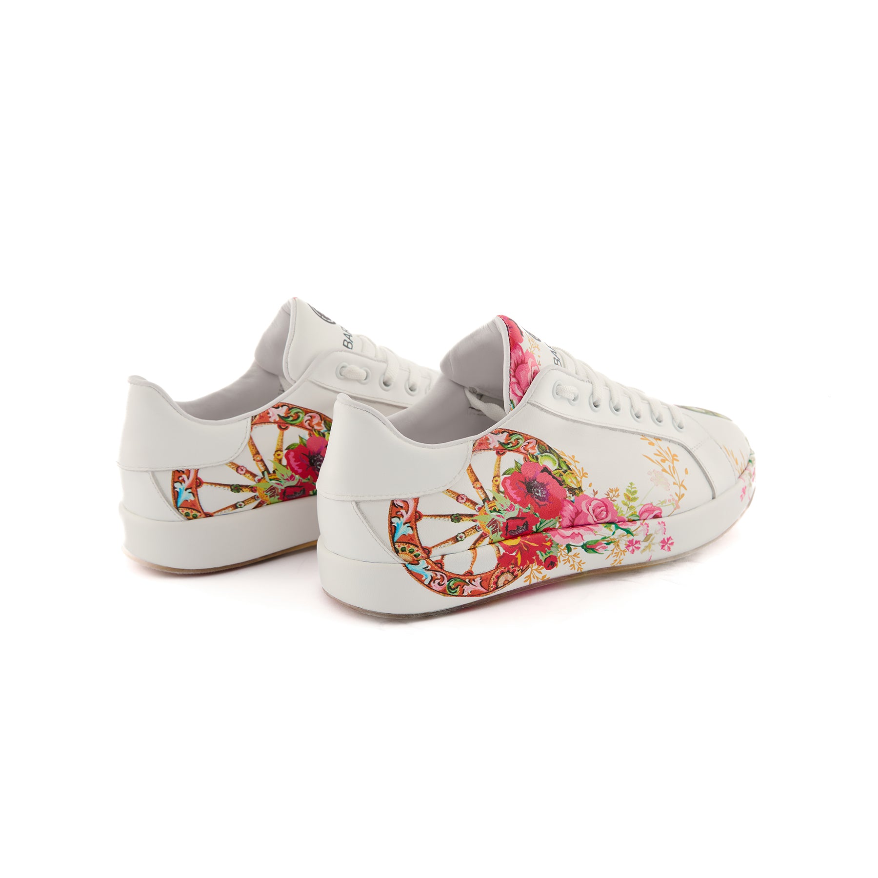Women’s White Handmade Calf Leather Floral Painted Sneakers W5032
