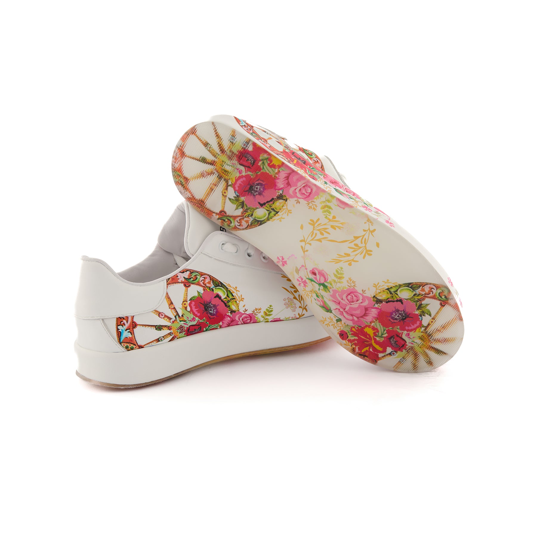 Women’s White Handmade Calf Leather Floral Painted Sneakers W5032