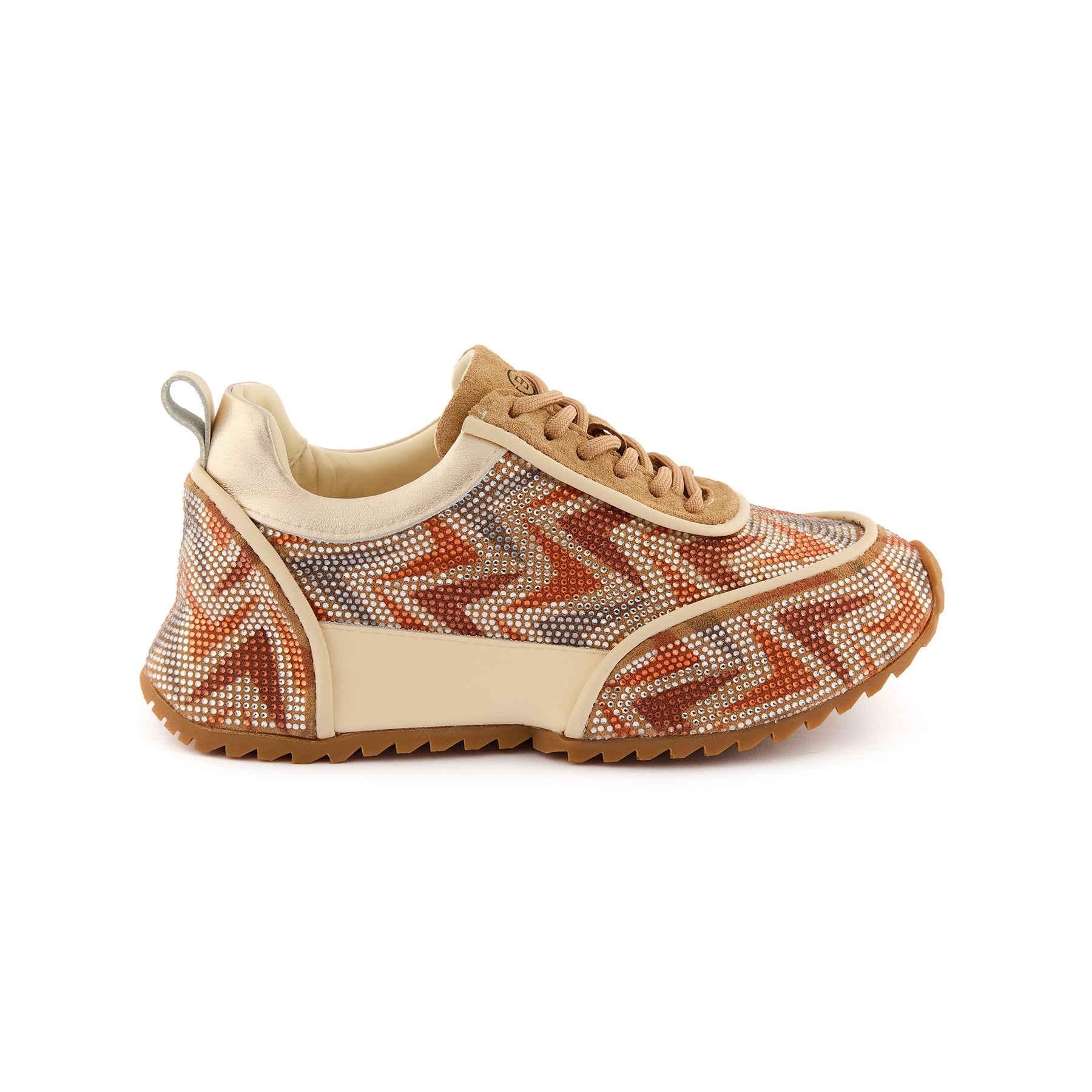 Women's Orange Crystal Embellished Calf Leather Handmade Sneakers W5034