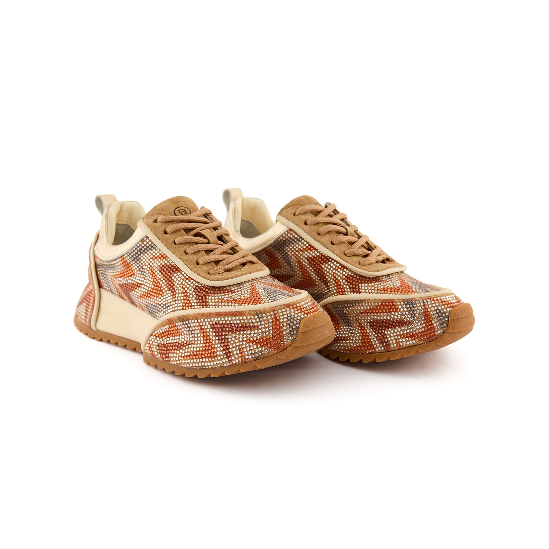 Women's Orange Crystal Embellished Calf Leather Handmade Sneakers W5034