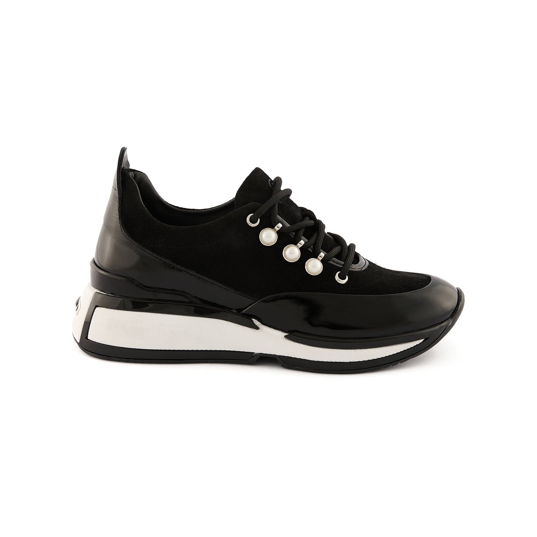 Women’s Black Patent Leather Pearl-Embellished Handmade Sneakers W5038