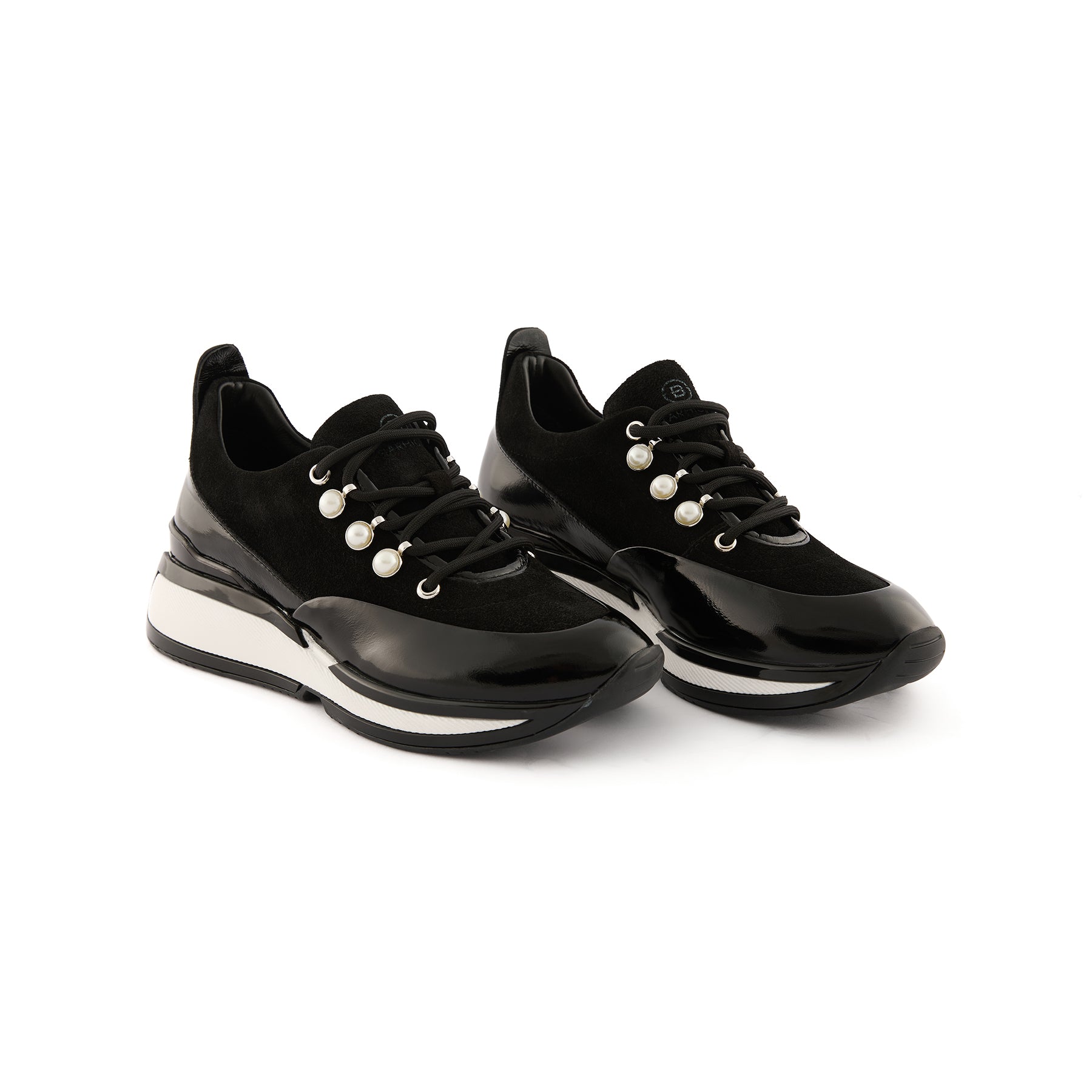 Women’s Black Patent Leather Pearl-Embellished Handmade Sneakers W5038