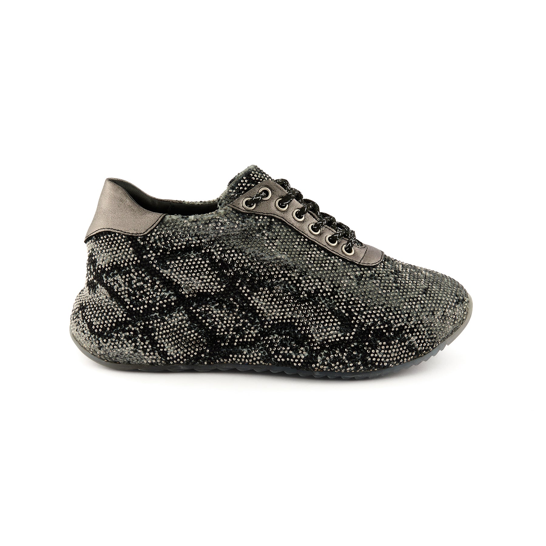 Women's Grey Crystal Embellished Calf Leather Handmade Sneakers W5031