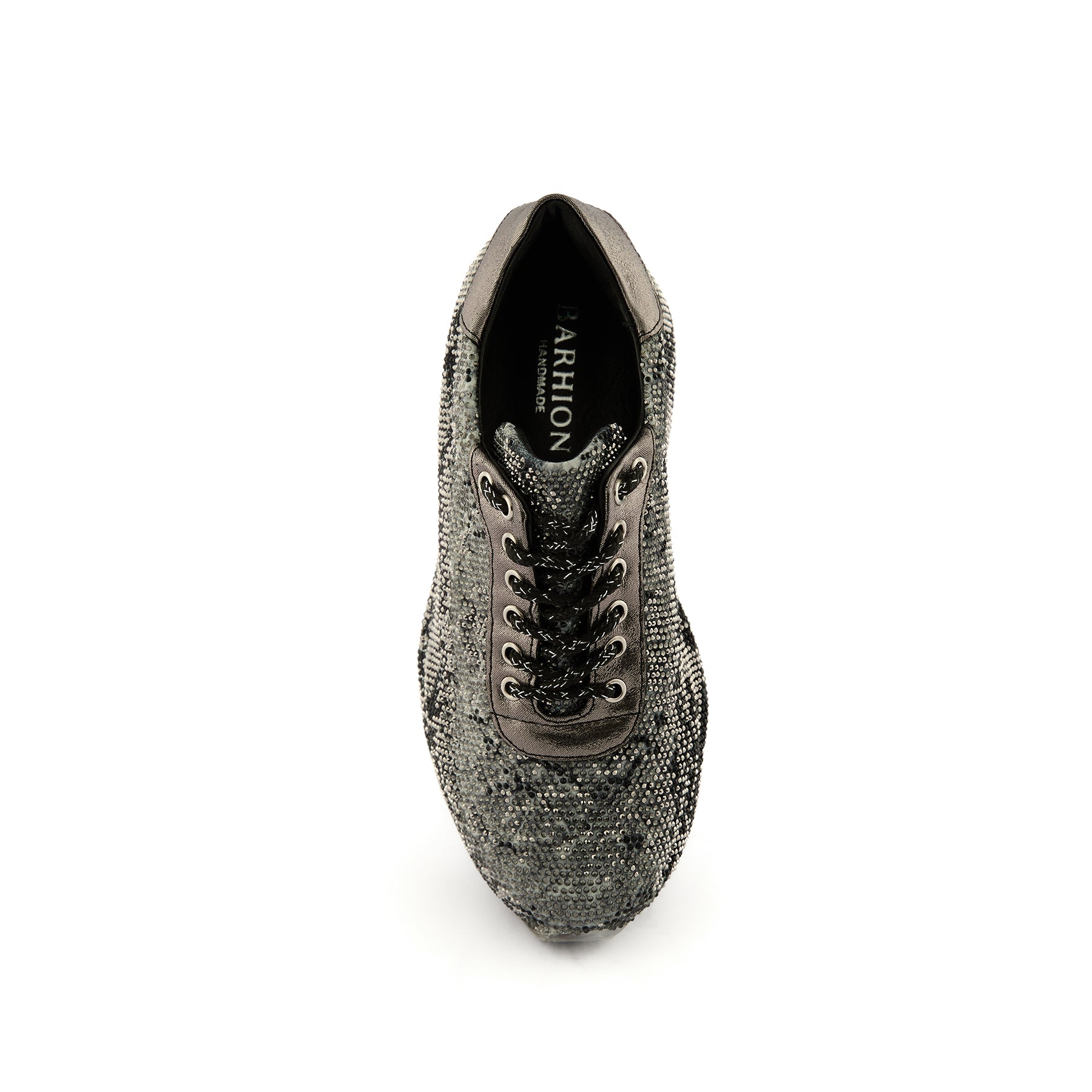 Women's Grey Crystal Embellished Calf Leather Handmade Sneakers W5031