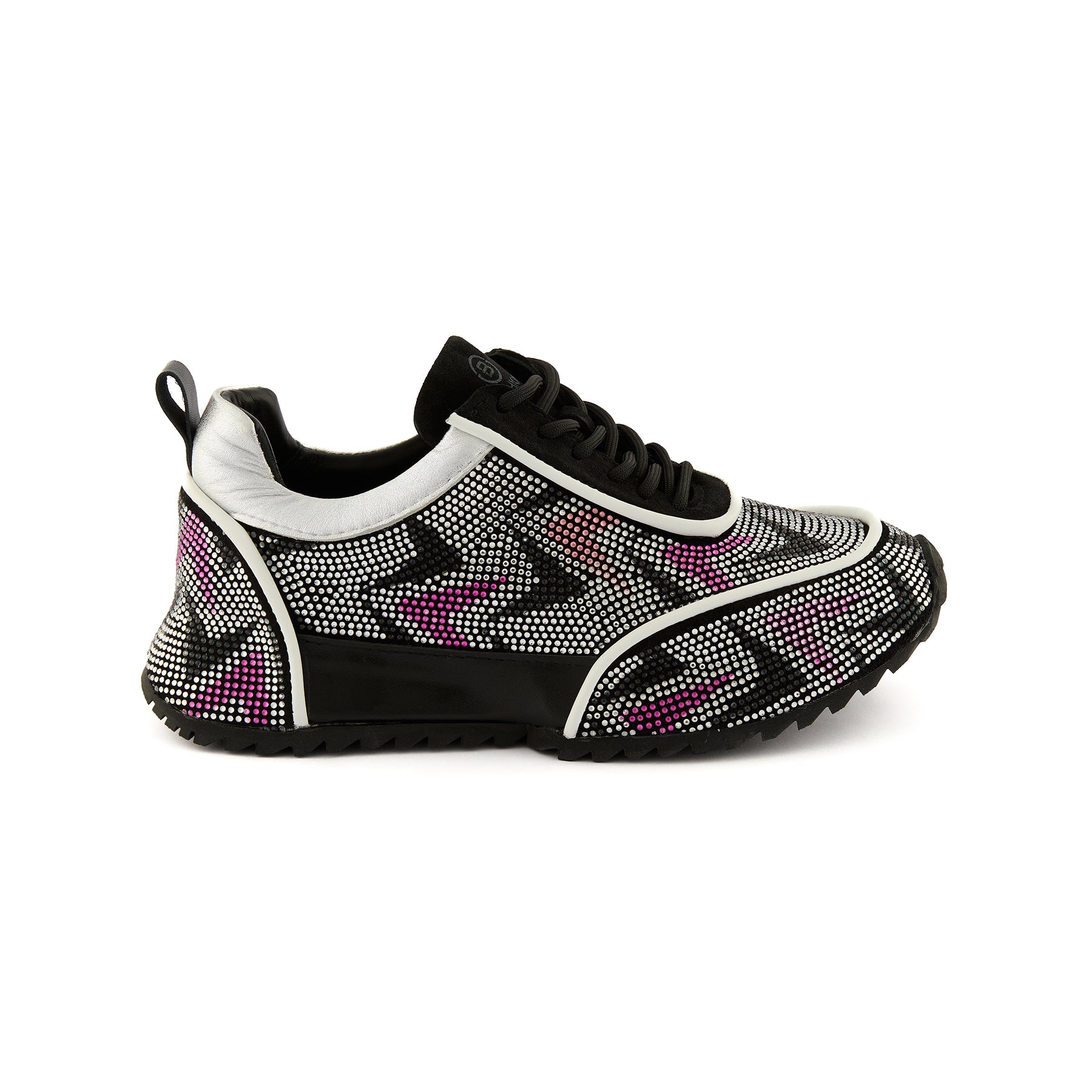 Women's Black Crystal Embellished Calf Leather Handmade Sneakers W5034