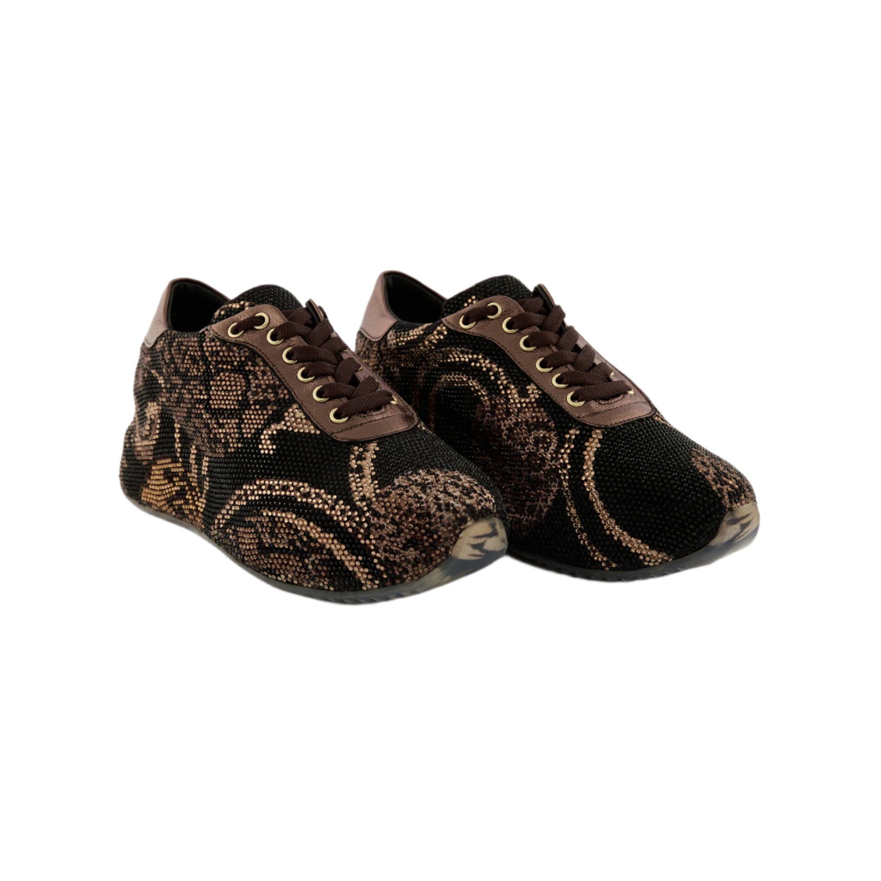 Women's Bronze Crystal Embellished Calf Leather Handmade Sneakers W5030