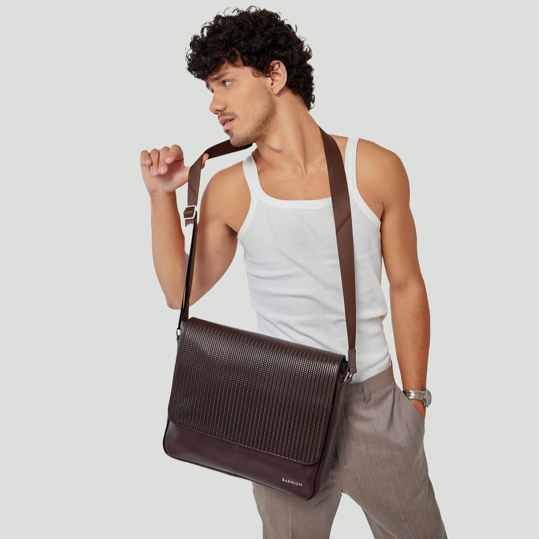 Men's Calf Leather Knit Pattern Handmade Laptop Bag U25004