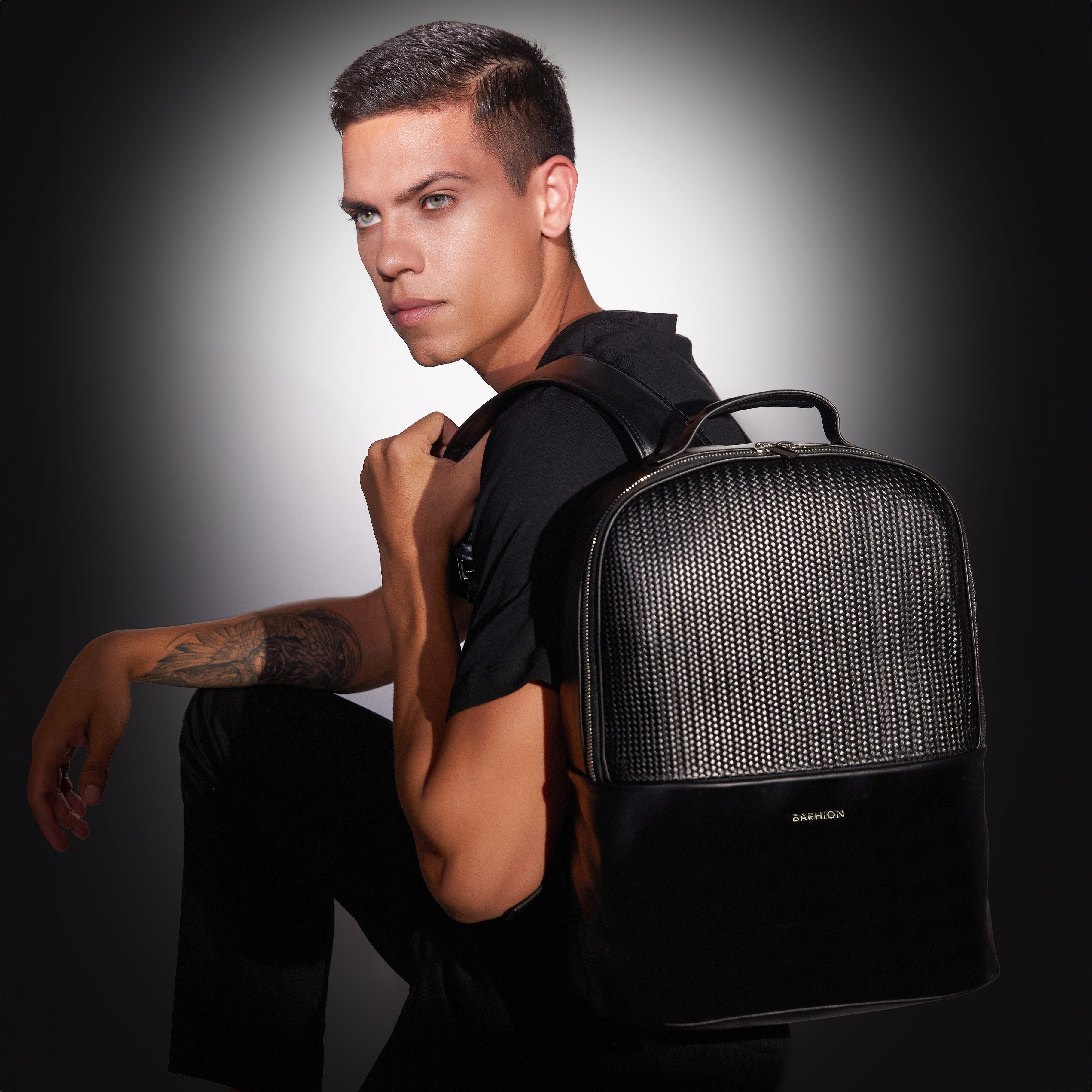 Men's Calf Leather Knit Pattern Handmade Backpack U25000